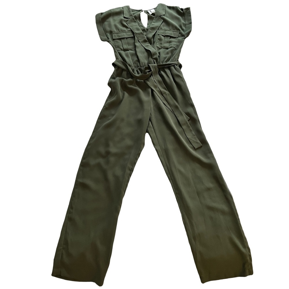 Japna Olive Green Semi-Sheer Wide Leg Cap Sleeve Jumpsuit Sz XS